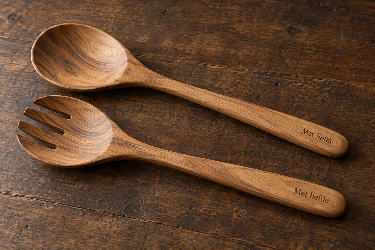 Houten saladebestek met Met liefde op de handvatten