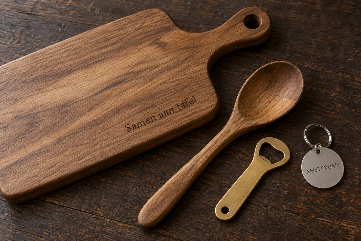 Gegraveerde borrelplank, houten lepel, flesopener en sleutelhanger
