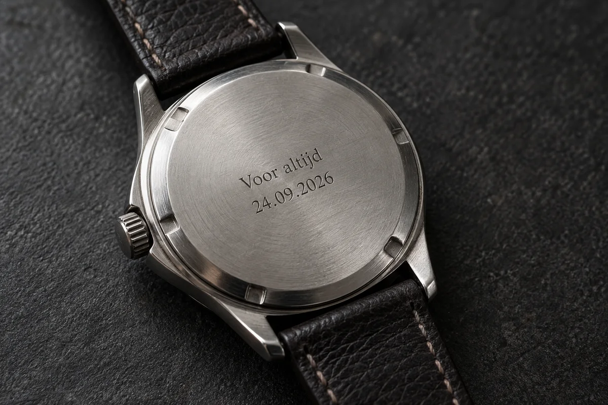 Horloge met Voor altijd en een datum op de kastachterzijde