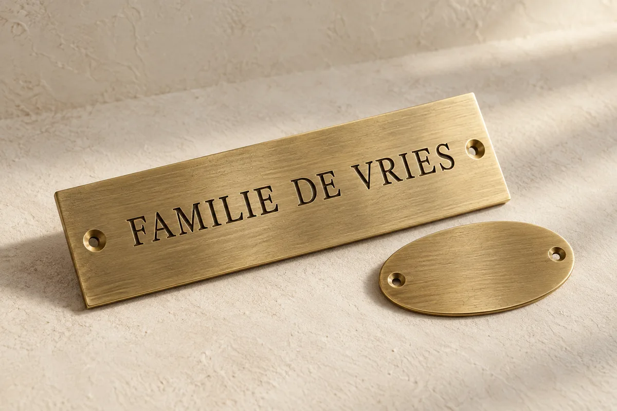 Messingkleurig naamplaatje met FAMILIE DE VRIES
