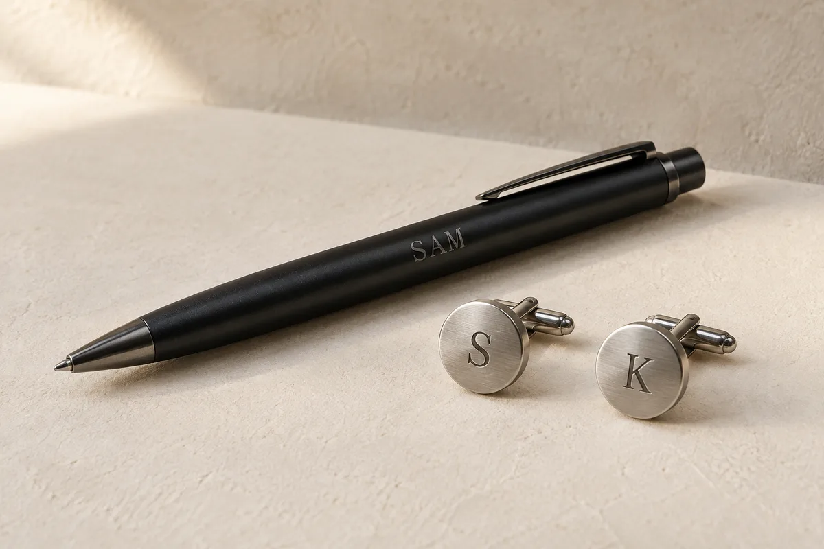 Zwarte pen met SAM en metalen manchetknopen met initialen