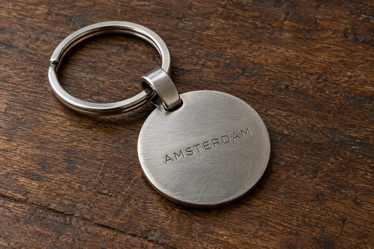 Ronde metalen sleutelhanger met de gravure AMSTERDAM