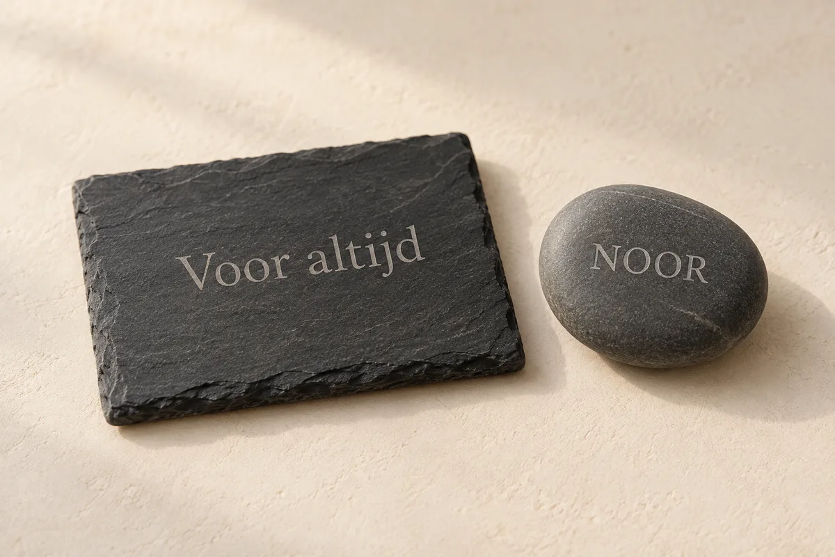 Donkere steen met Voor altijd en een kleine steen met NOOR