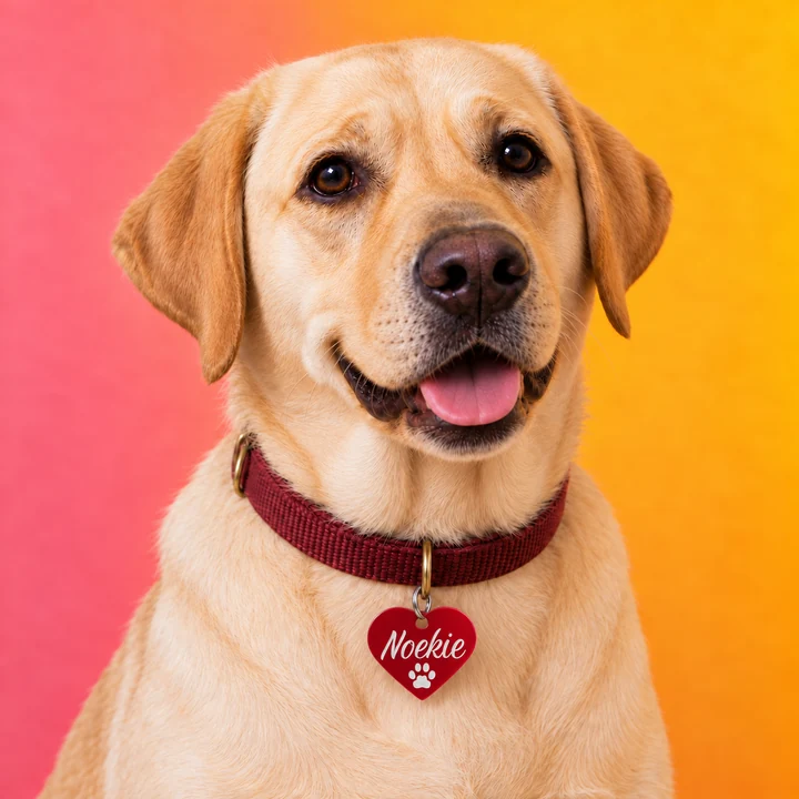 Blonde labrador Noekie met een rode aluminium hondenpenning in hartvorm en haar naam in schuinschrift