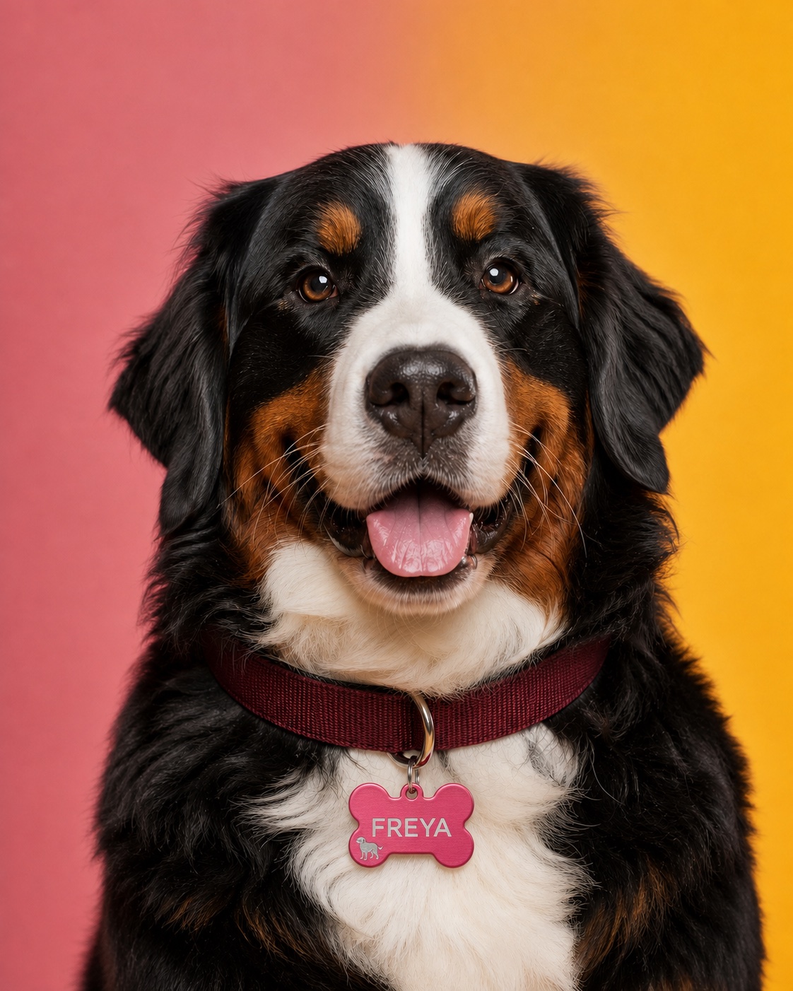 Berner sennen met een roze lasergegraveerde hondenpenning aan de halsband