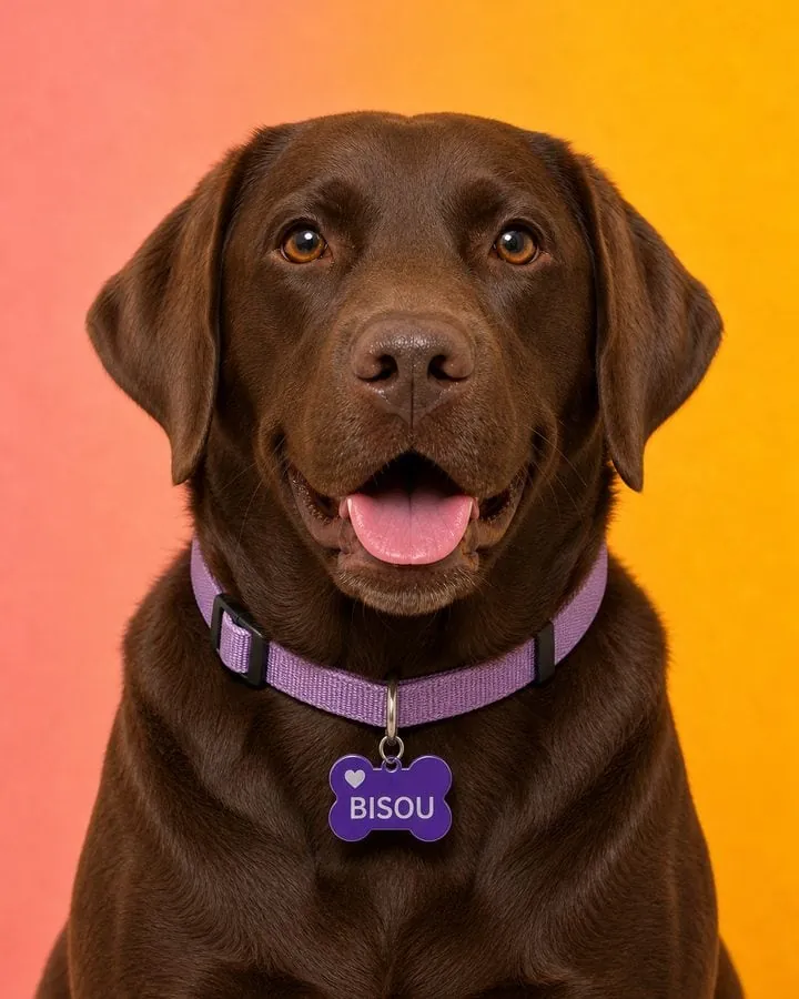 Chocoladebruine labrador met een paarse gegraveerde hondenpenning waarin BISOU staat