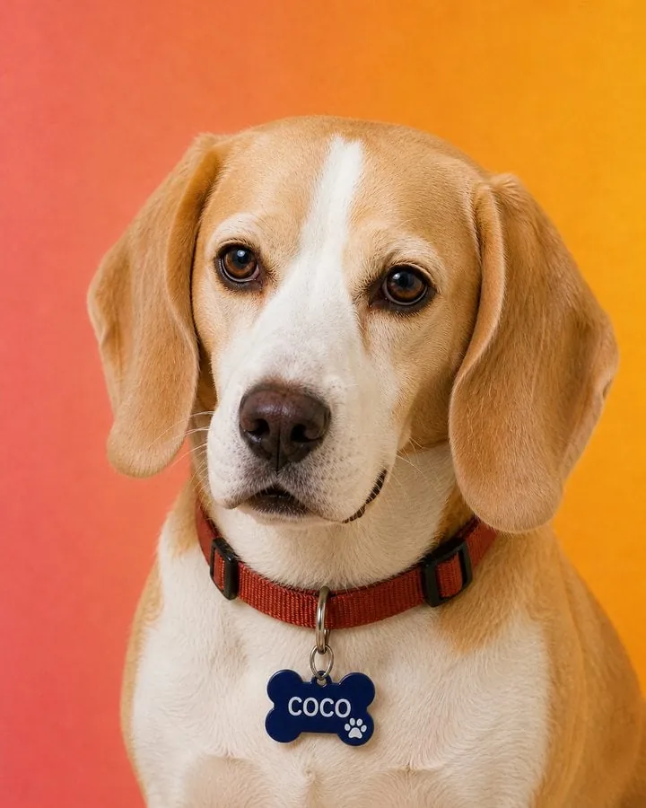 Beagle met een donkerblauwe gegraveerde hondenpenning waarin COCO staat