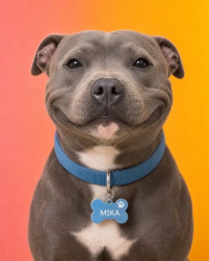 Grijze staffordshire terrier met een lichtblauwe gegraveerde hondenpenning waarin MIKA staat