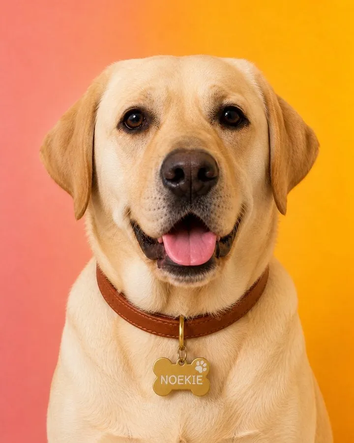 Blonde labrador met een gouden gegraveerde hondenpenning waarin NOEKIE staat