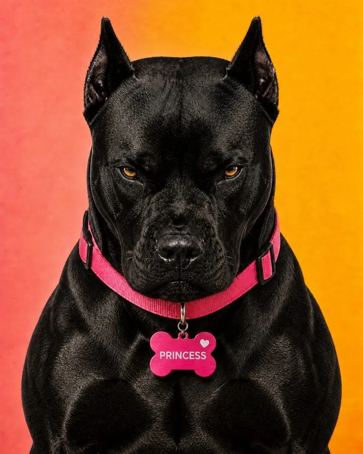Zwarte hond met een roze gegraveerde hondenpenning waarin PRINCESS staat