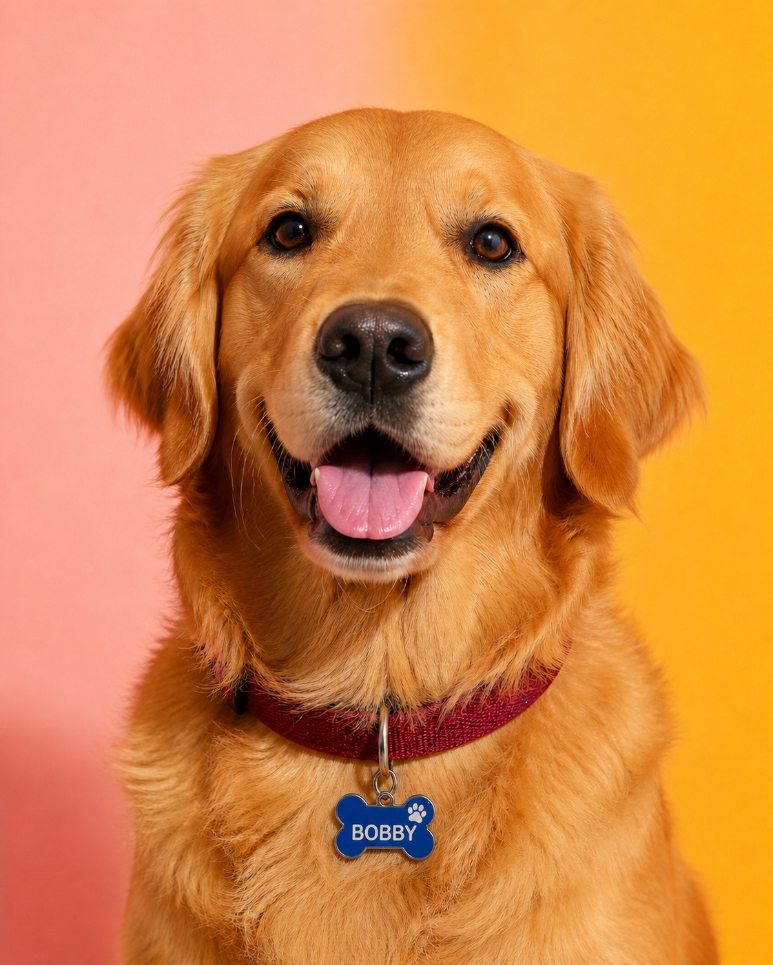 Golden retriever met een blauwe lasergegraveerde hondenpenning aan de halsband