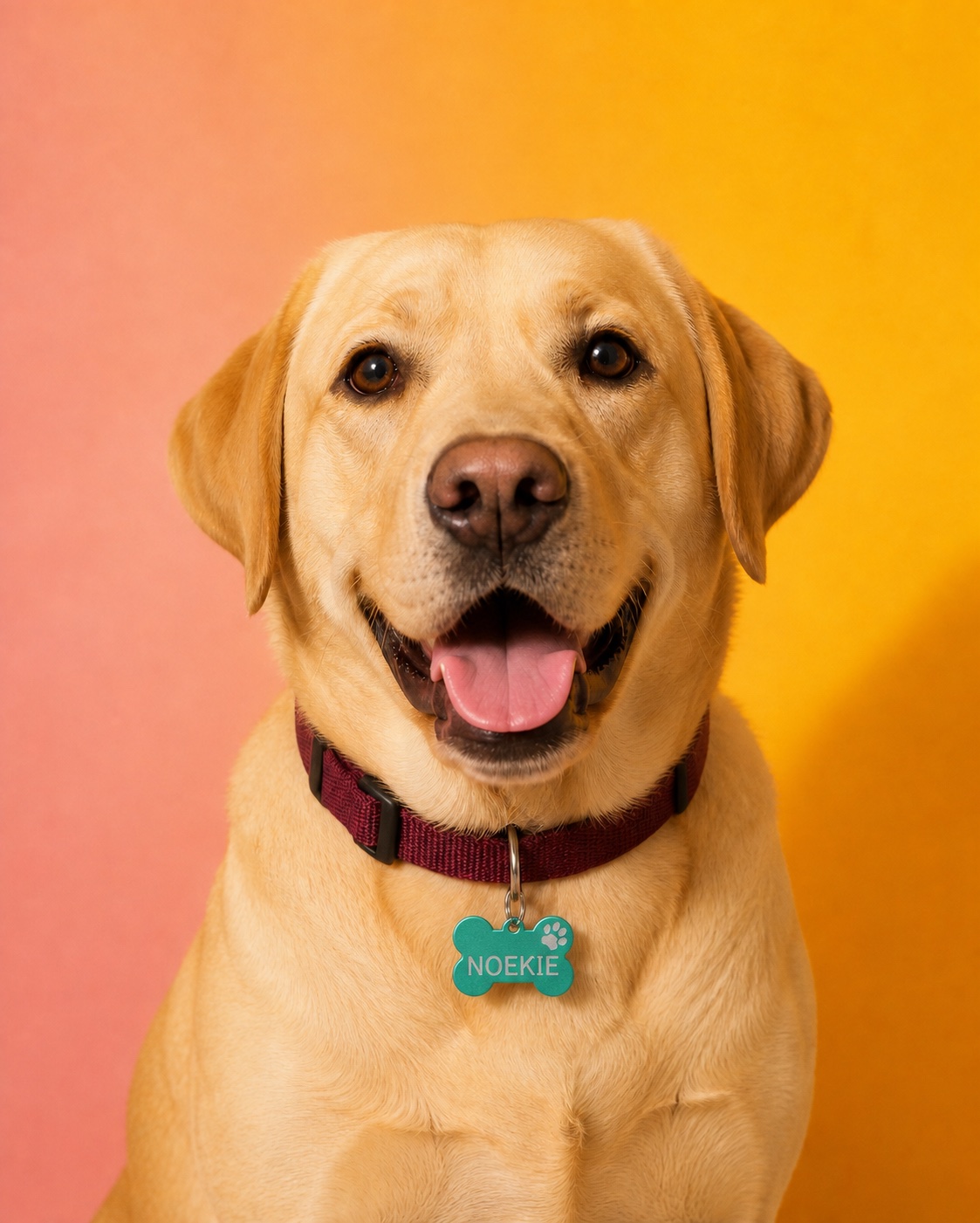 Labrador met een turquoise lasergegraveerde hondenpenning aan de halsband