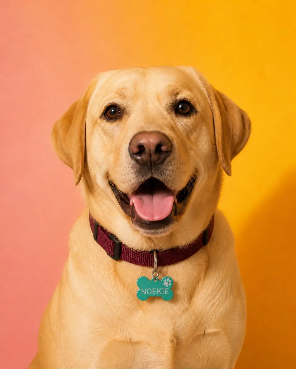 Labrador met een turquoise lasergegraveerde hondenpenning aan de halsband